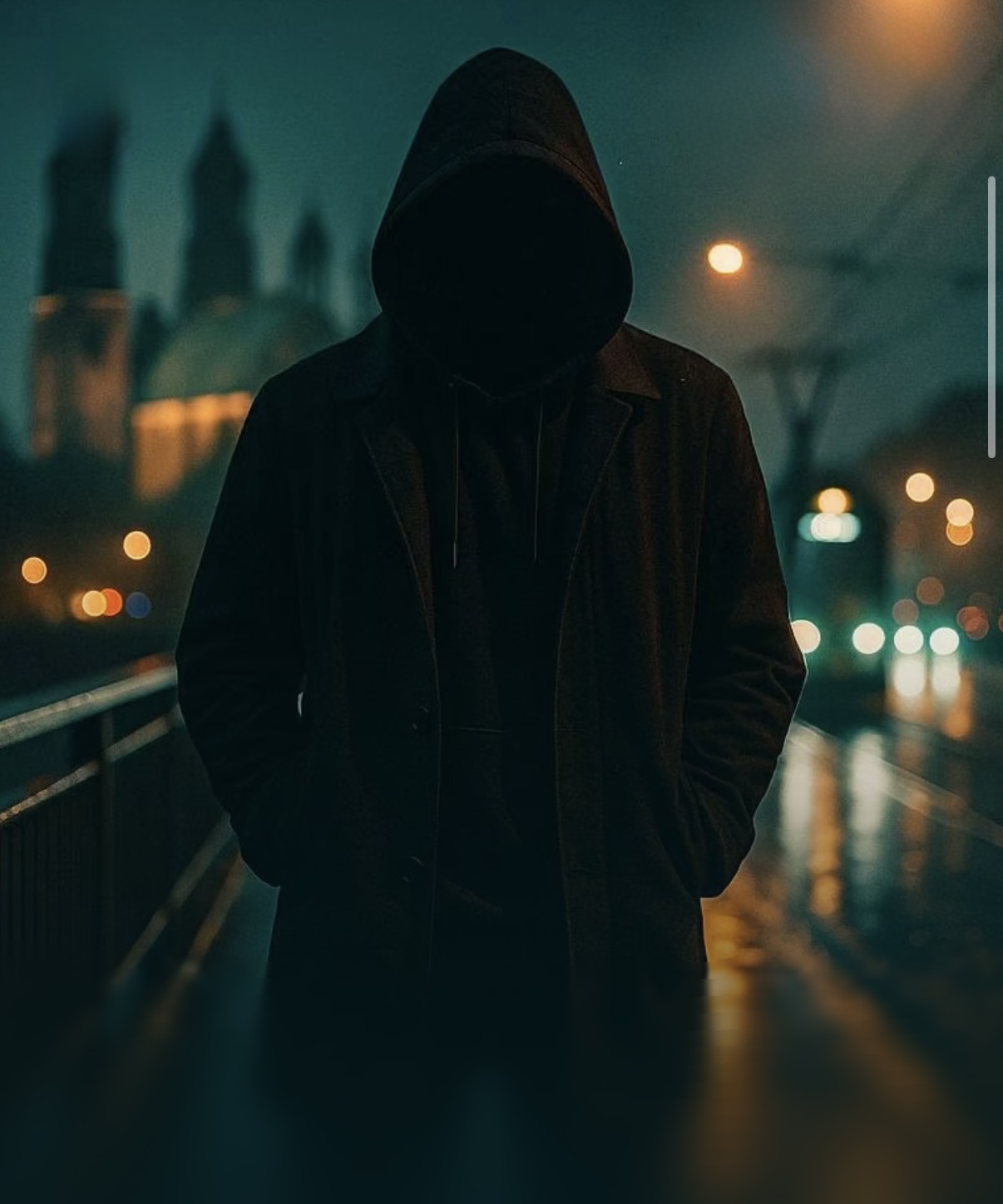 A faceless hooded figure standing in a rain-soaked city, surrounded by teal darkness and amber street lights.